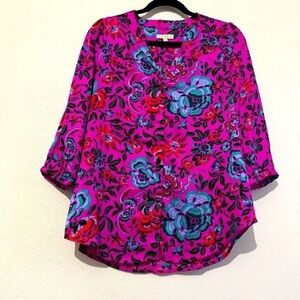 Jade by Melody Tam colorful, floral v-neck blouse, 3/4 sleeves. Sz S. Preowned.